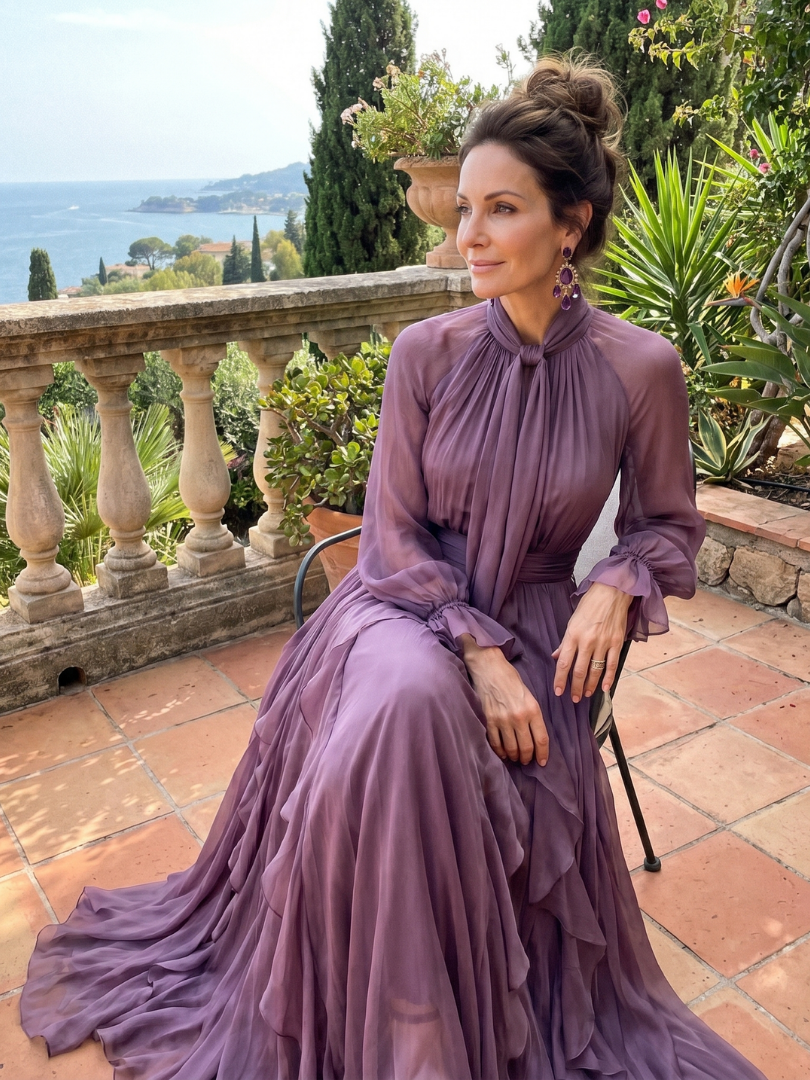 Glória | Vestido Comprido em Camadas com Laço ao Pescoço