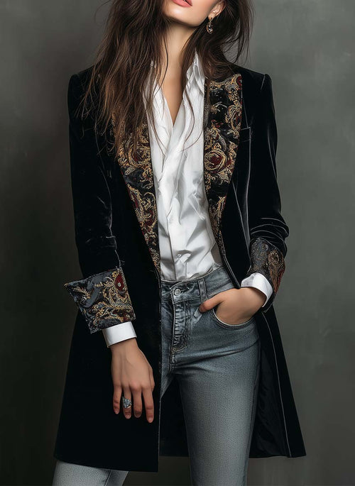 Clara | Blazer Ajustado com Estampado Barroco Preto