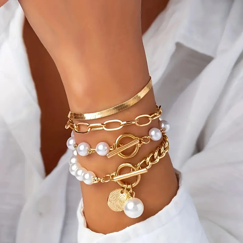 Armband-Set Chic Gold 4-teilig - Schlange, Perlen und Glieder | Gold