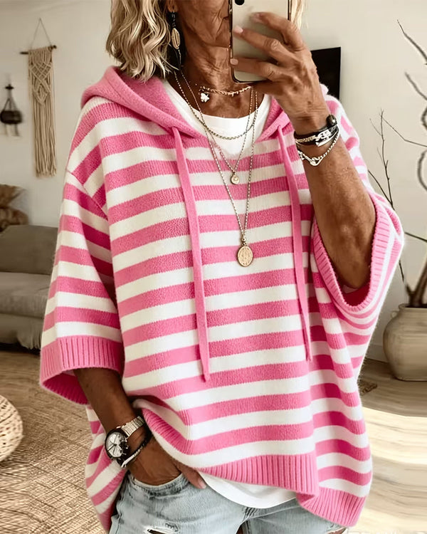 Camisola Larga às Riscas com Capuz e Mangas 3/4
