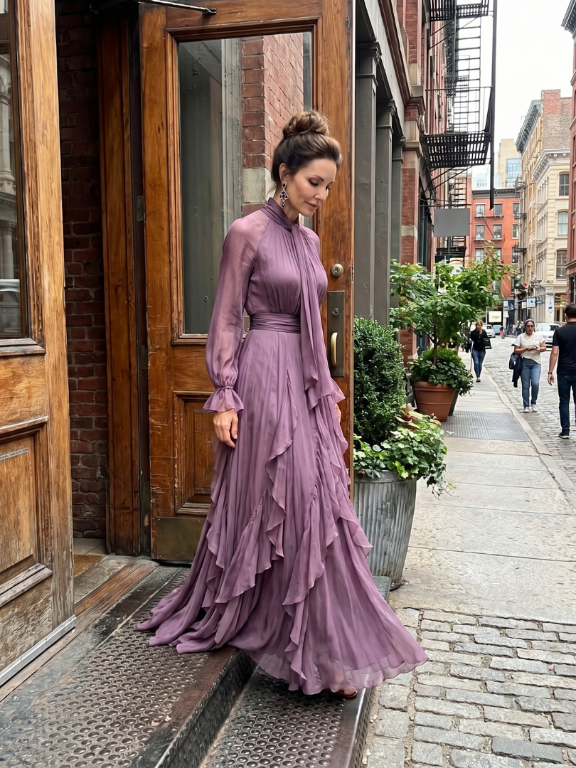 Glória | Vestido Comprido em Camadas com Laço ao Pescoço