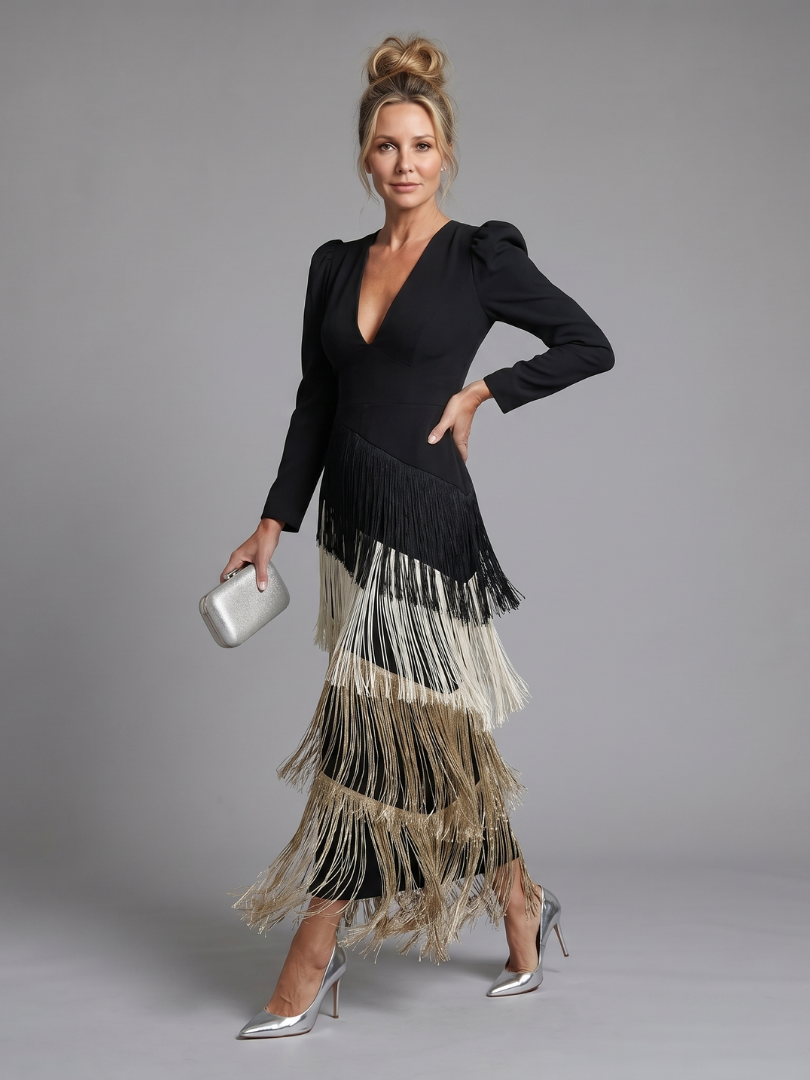 Madalena | Vestido Midi de Manga Comprida com Franjas