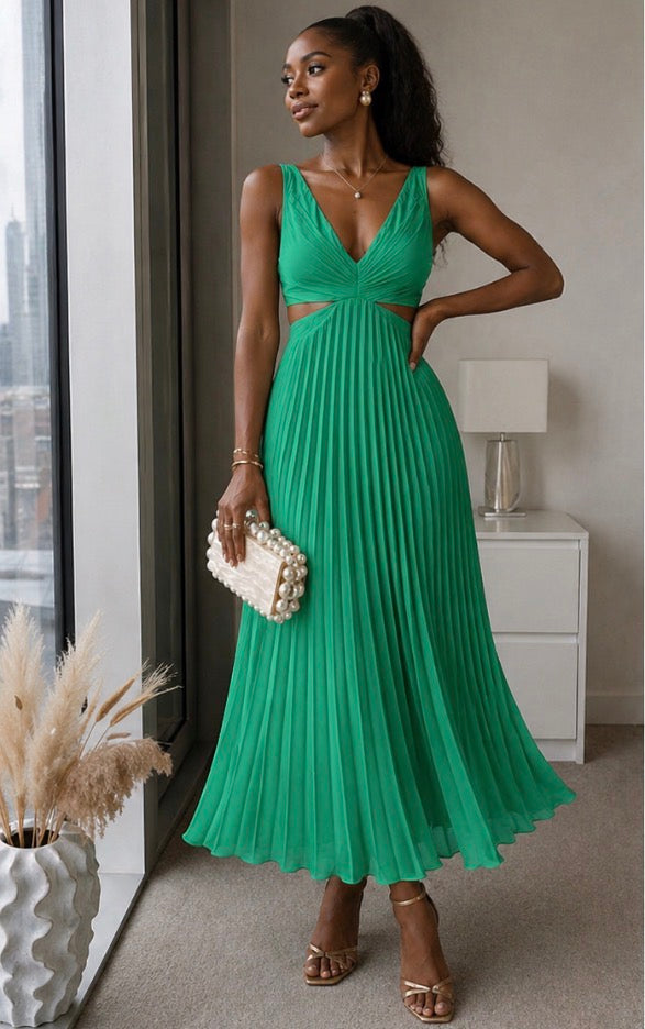 Célia | Vestido Midi Plissado com Recorte