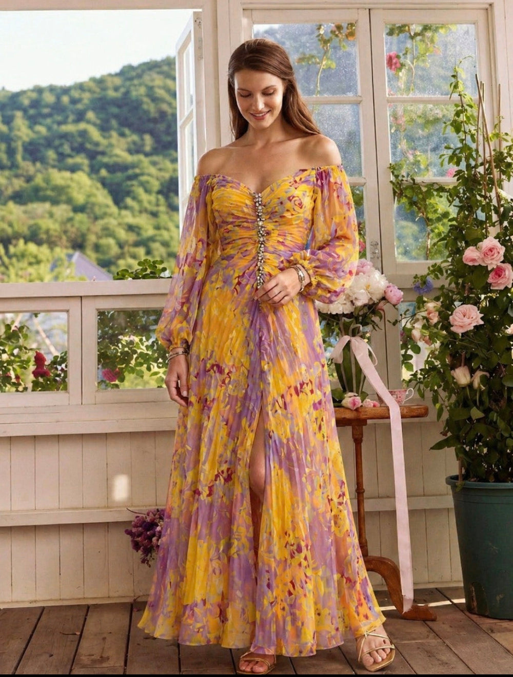 Clementina | Vestido de Cerimónia Plissado com Ombros Descobertos