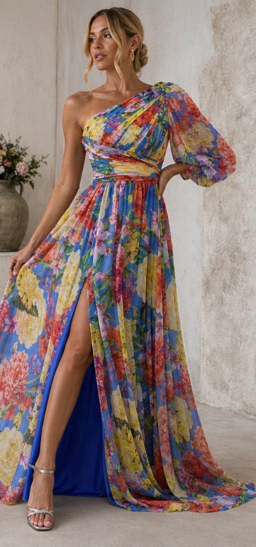Leonilde | Vestido Comprido Floral de Um Ombro
