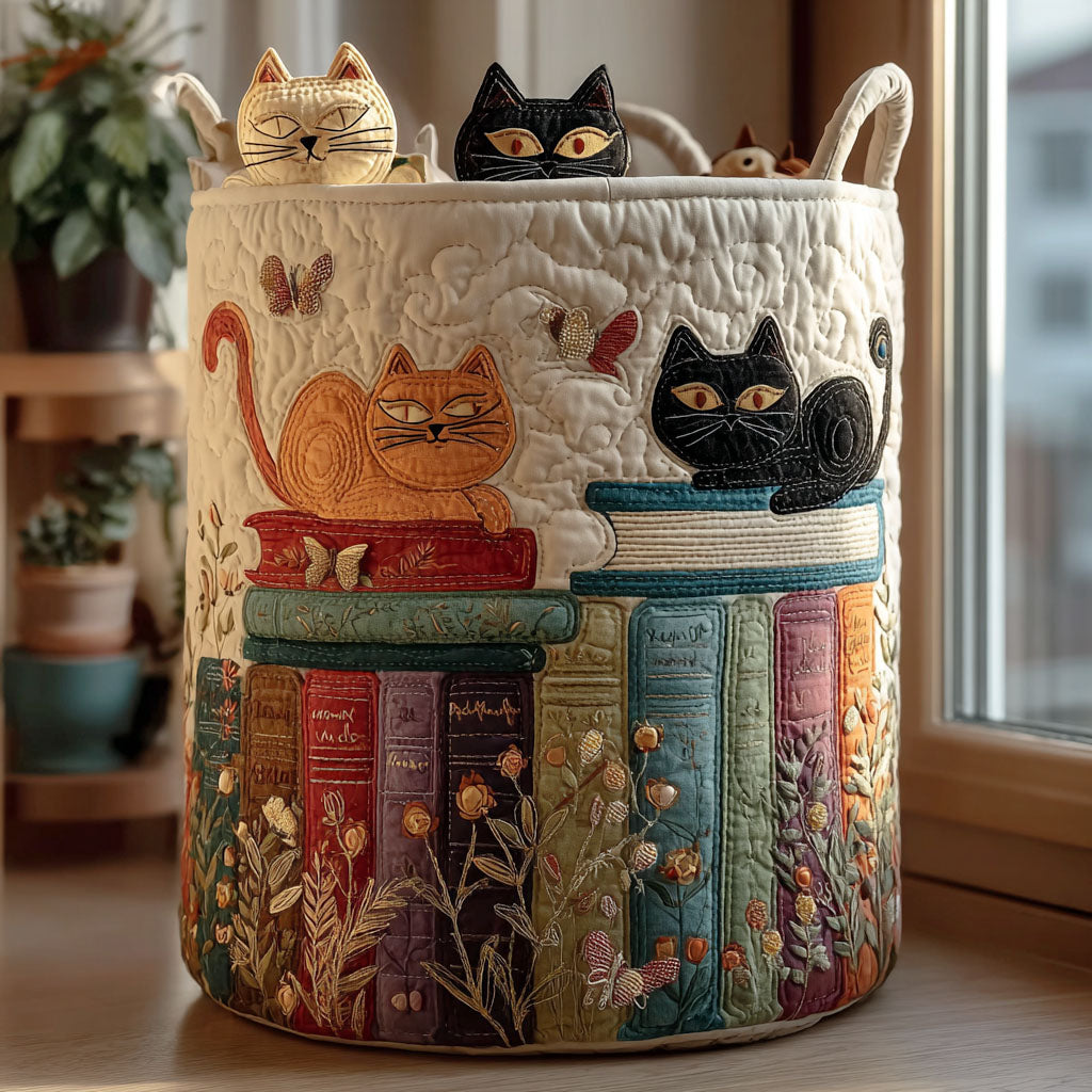 Gato e Livros | Cesto de Roupa Feito à Mão