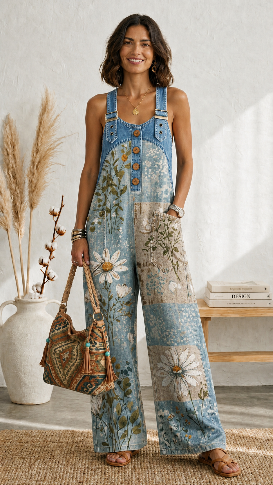 Maria Douro - Macacão Floral de Denim