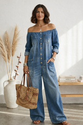 Maria Douro - Macacão de Denim com Ombros à Mostra