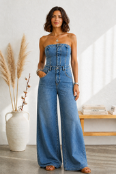 Maria Douro - Macacão de Denim Sem Alças