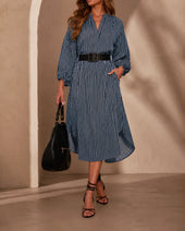 Simone | Vestido Camiseiro Midi às Riscas com Cinto