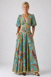 Cíntia | Vestido Comprido Fluido com Mangas Tufadas
