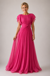 Valentina | Vestido de Gala Plissado com Mangas Esvoaçantes