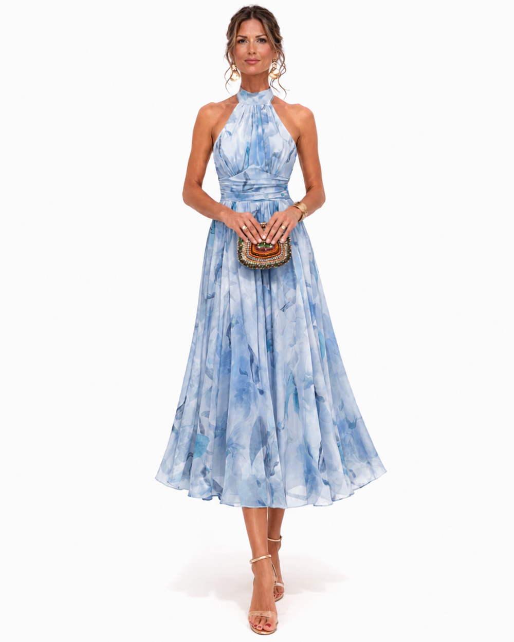 Áurea | Vestido Comprido Halter com Estampado Aguarela