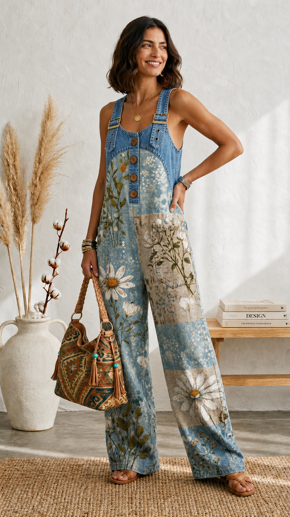 Maria Douro - Macacão Floral de Denim