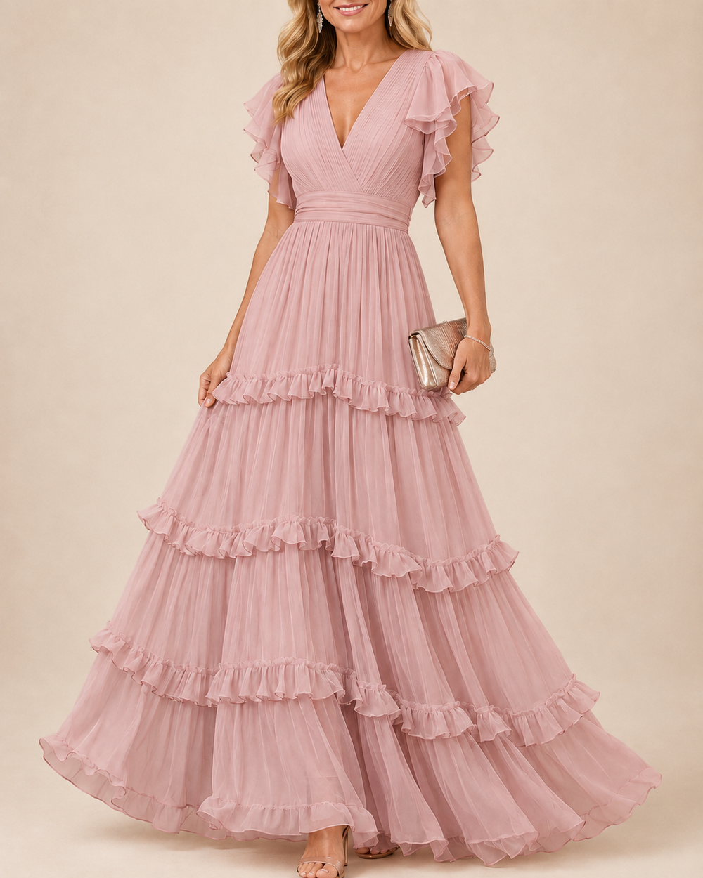 Rosália | Vestido Comprido Rosa com Folhos e Mangas Borboleta