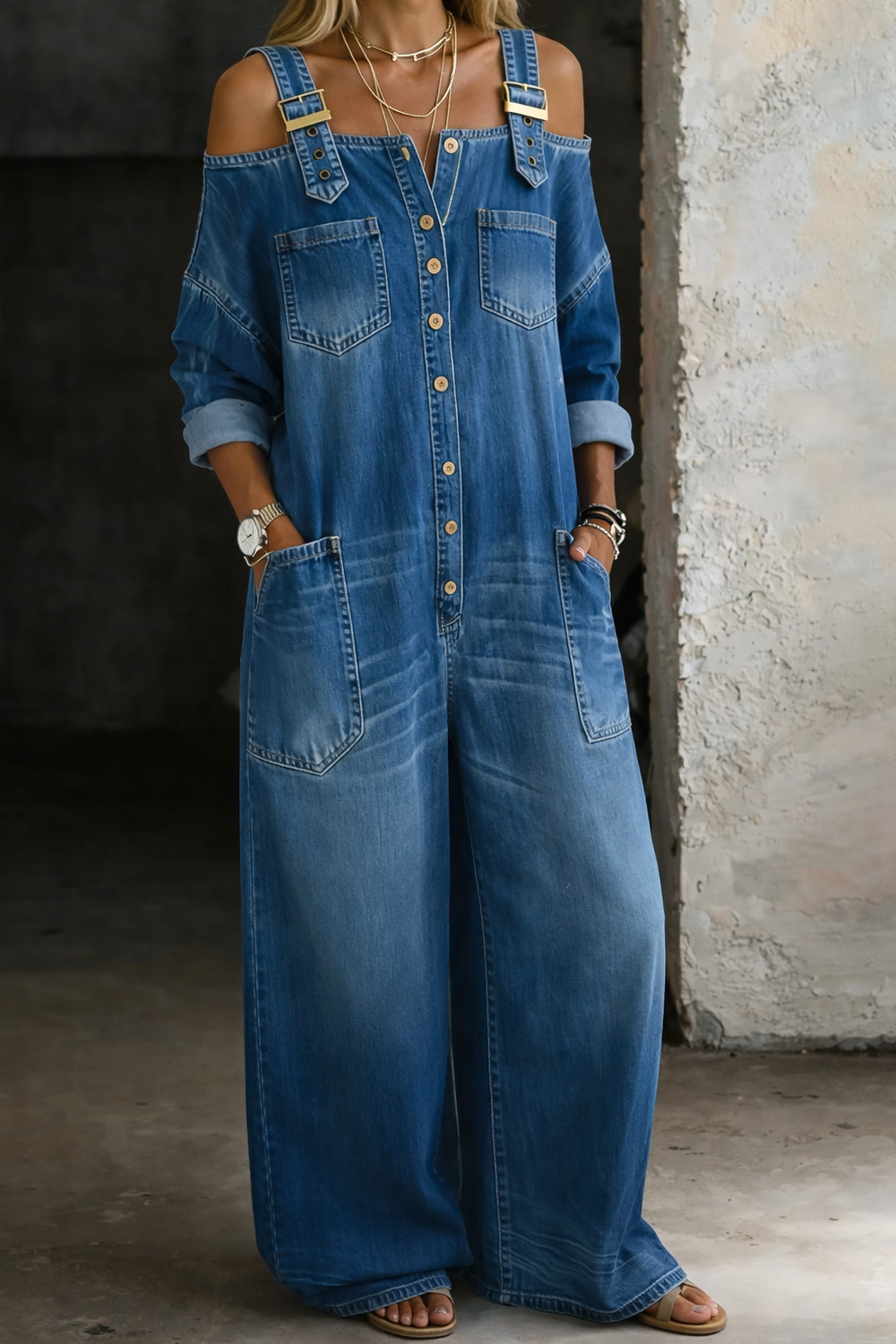 Elsa - Macacão de Denim Off Shoulder