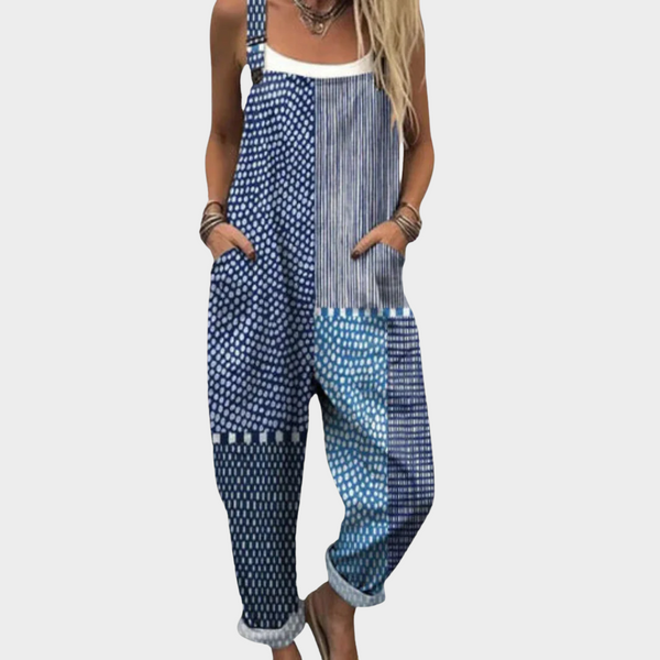 Rita | Macacão Azul Patchwork com Riscas e Bolinhas