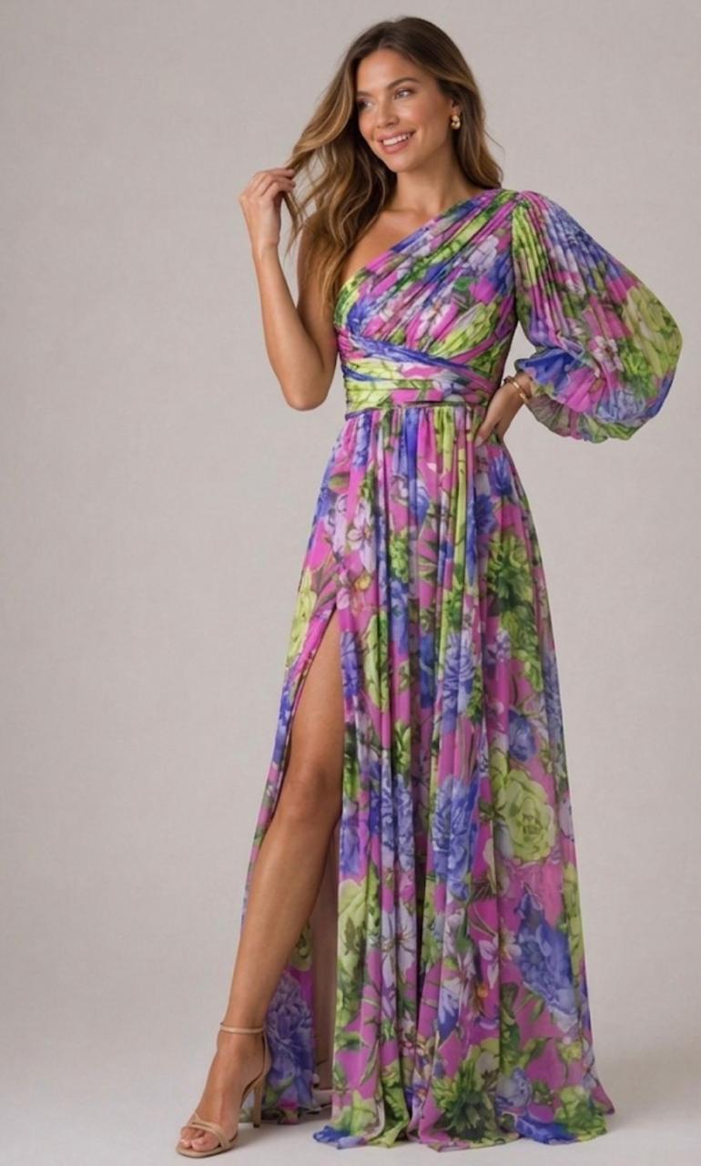 Leonilde | Vestido Comprido Floral de Um Ombro
