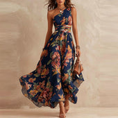 Aurora | Vestido Floral Assimétrico de Um Ombro