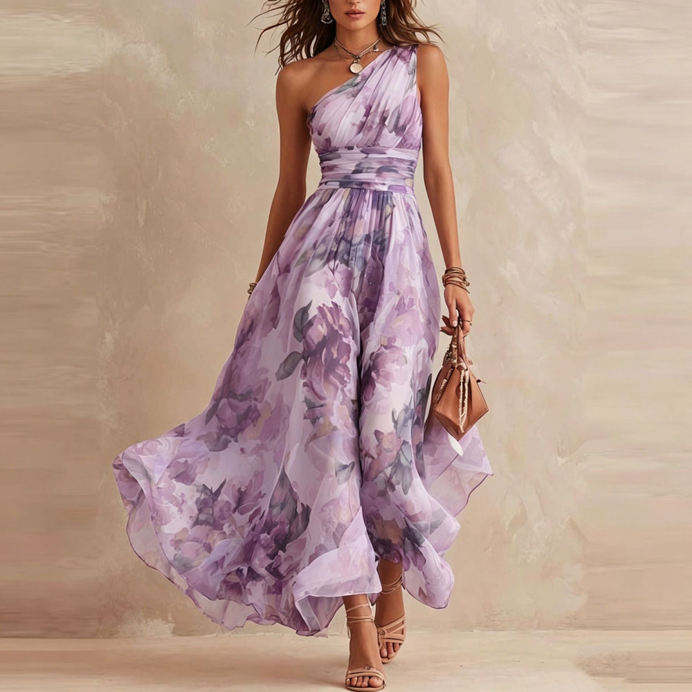 Aurora | Vestido Floral Assimétrico de Um Ombro