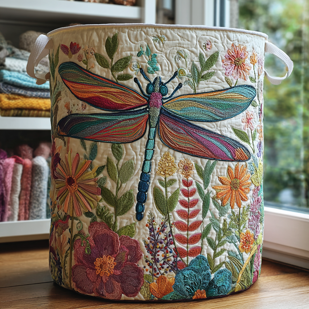 Libélula e Flores | Cesto de Roupa Feito à Mão