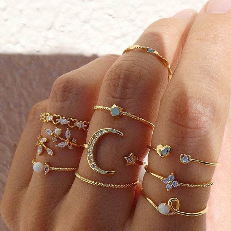Boho-Boheme-10er-Set-Ringe aus Silber mit Goldplattierung