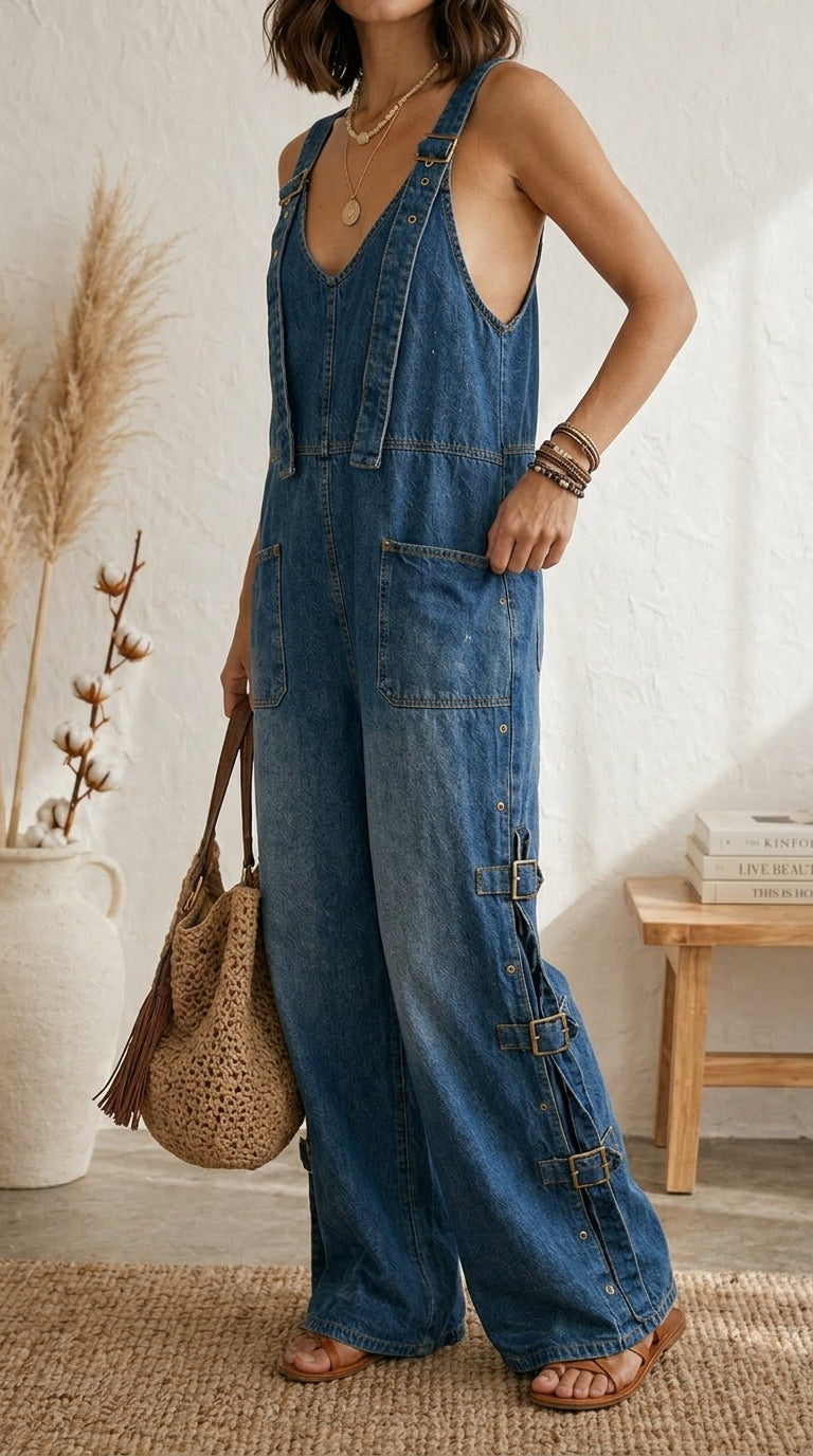Maria Douro - Macacão de Denim com Tirantes Ajustáveis