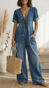 Maria Douro - Macacão de Denim com Decote em V