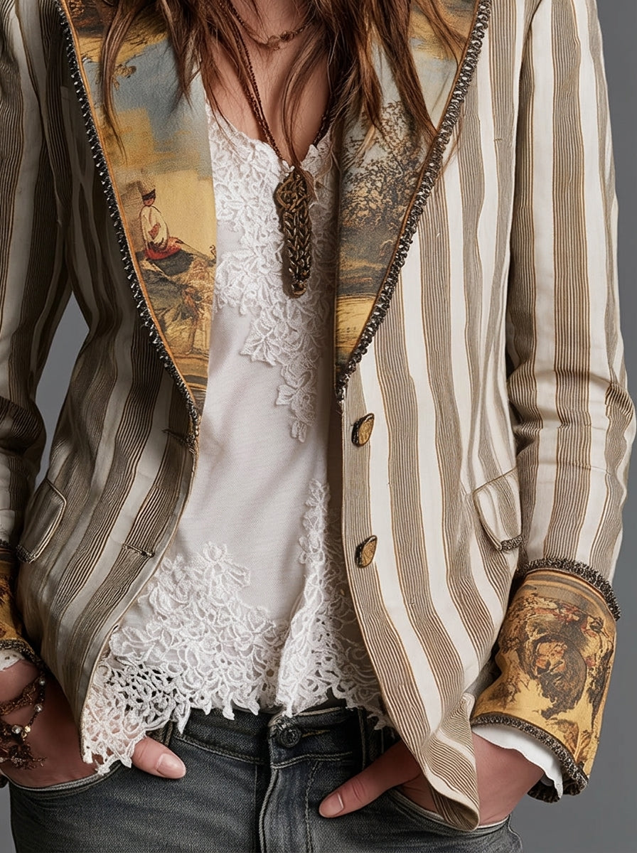 Sara | Blazer Boho às Riscas com Gola Estampada