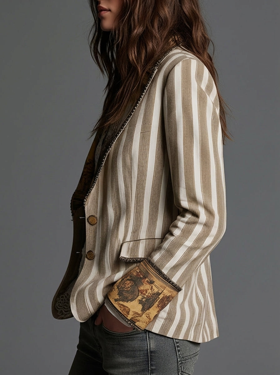 Sara | Blazer Boho às Riscas com Gola Estampada