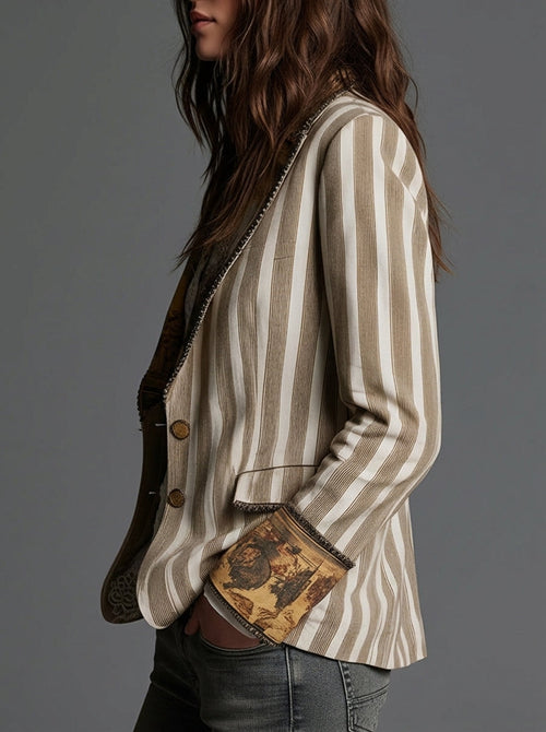 Sara | Blazer Boho às Riscas com Gola Estampada