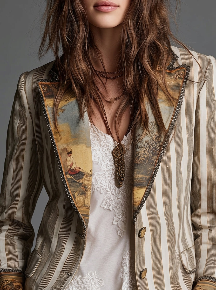 Sara | Blazer Boho às Riscas com Gola Estampada