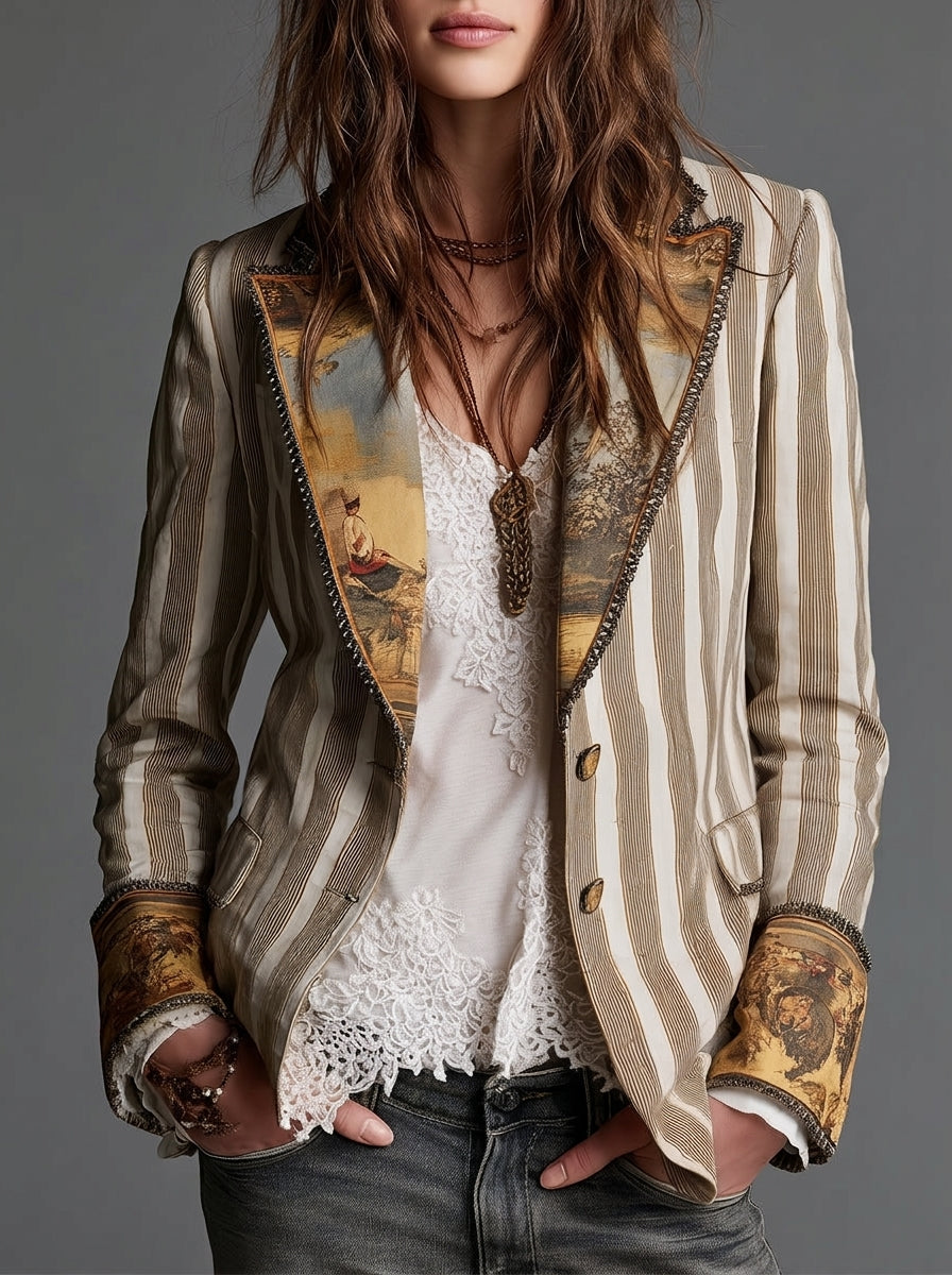 Sara | Blazer Boho às Riscas com Gola Estampada