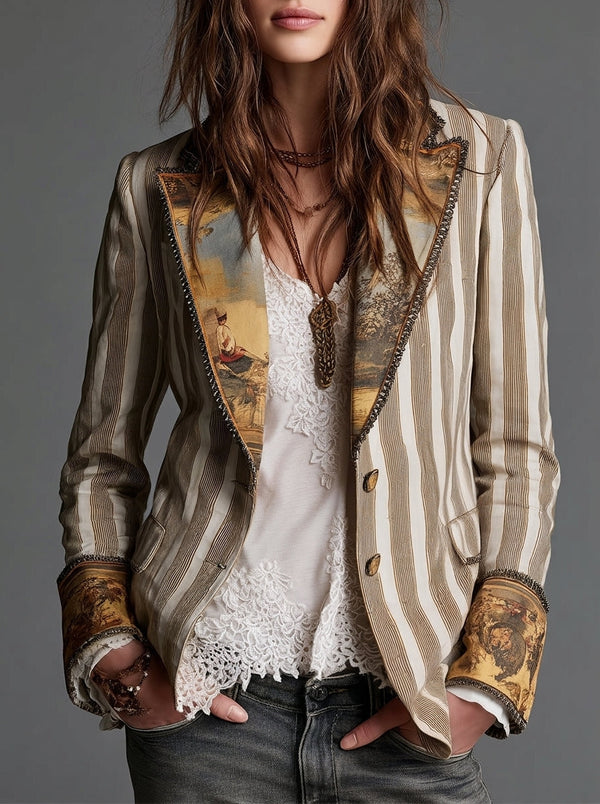 Sara | Blazer Boho às Riscas com Gola Estampada