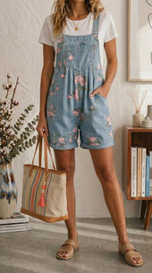 Maria Douro - Macacão Curto Floral de Denim
