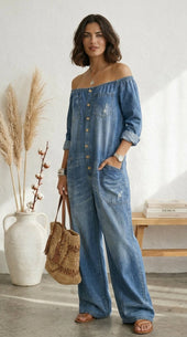 Maria Douro - Macacão de Denim com Ombros à Mostra
