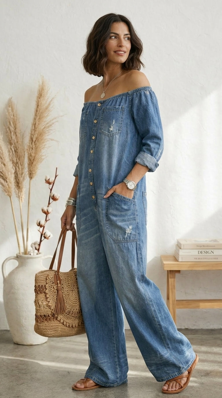 Maria Douro - Macacão de Denim com Ombros à Mostra
