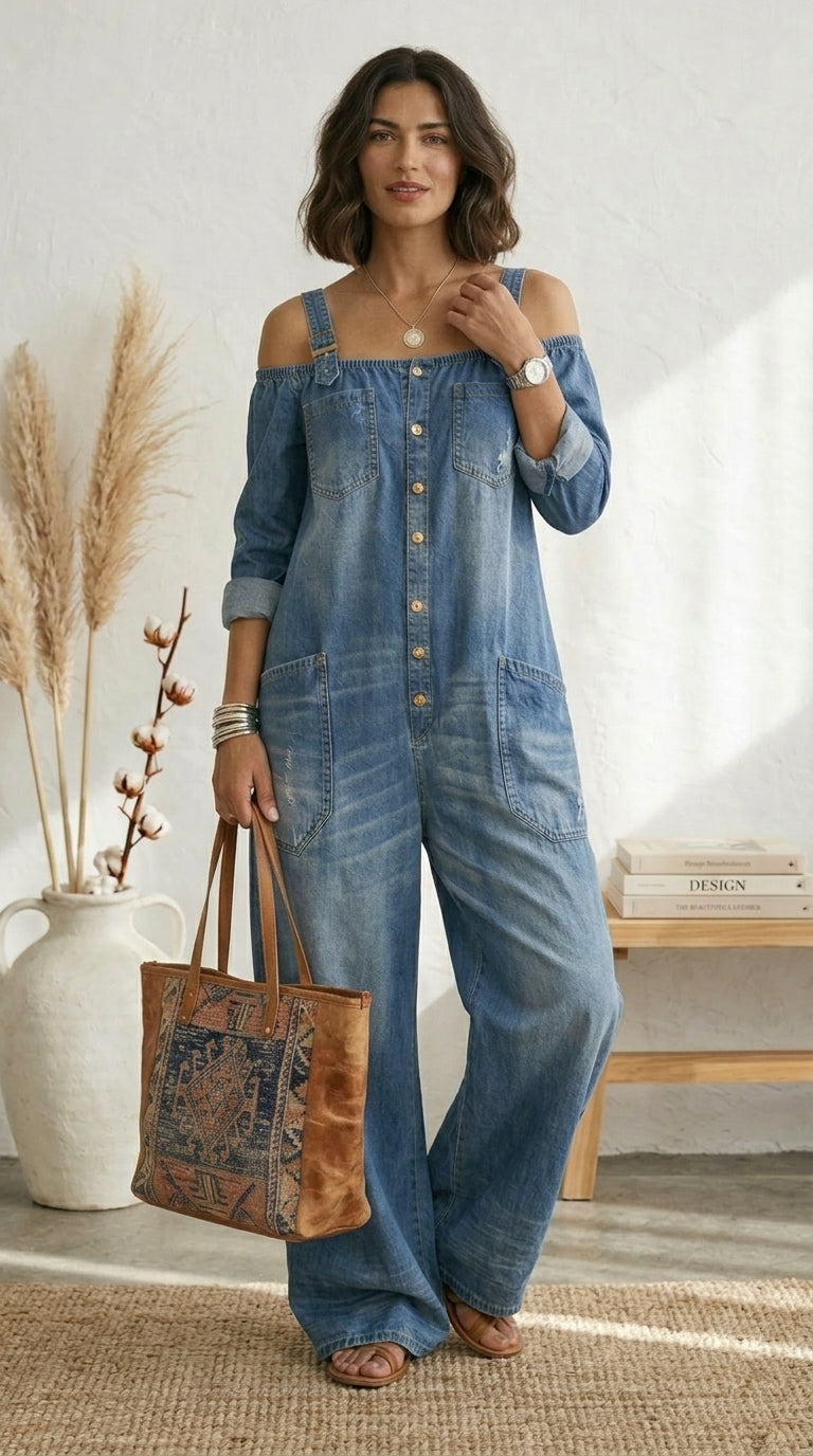 Maria Douro - Macacão de Denim com Ombros à Mostra