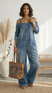 Maria Douro - Macacão de Denim com Ombros à Mostra