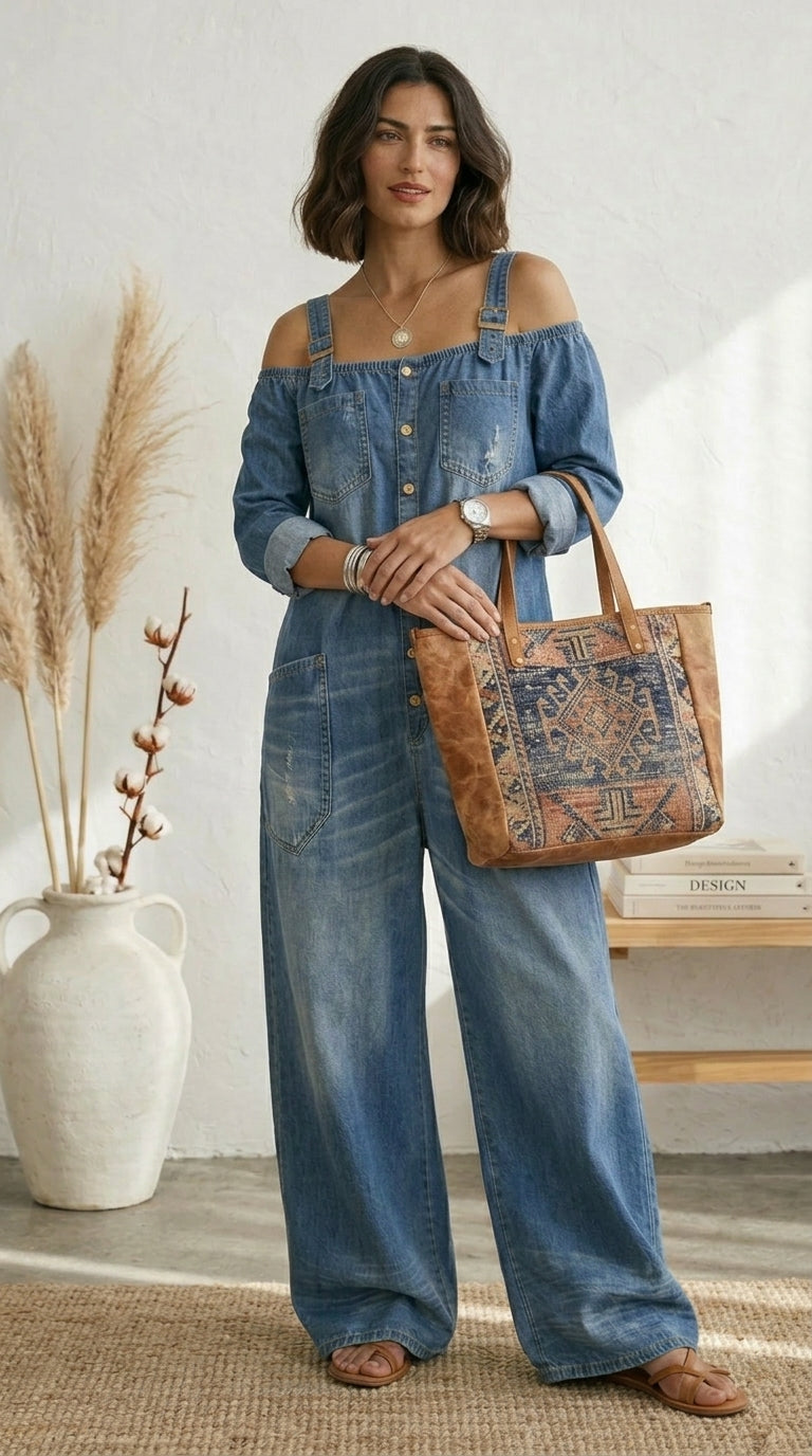 Maria Douro - Macacão de Denim com Ombros à Mostra
