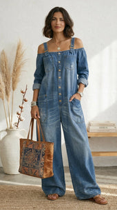 Maria Douro - Macacão de Denim com Ombros à Mostra