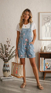 Maria Douro - Macacão Curto Floral de Denim