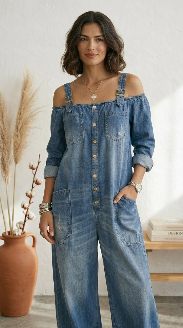 Maria Douro - Macacão de Denim com Ombros à Mostra
