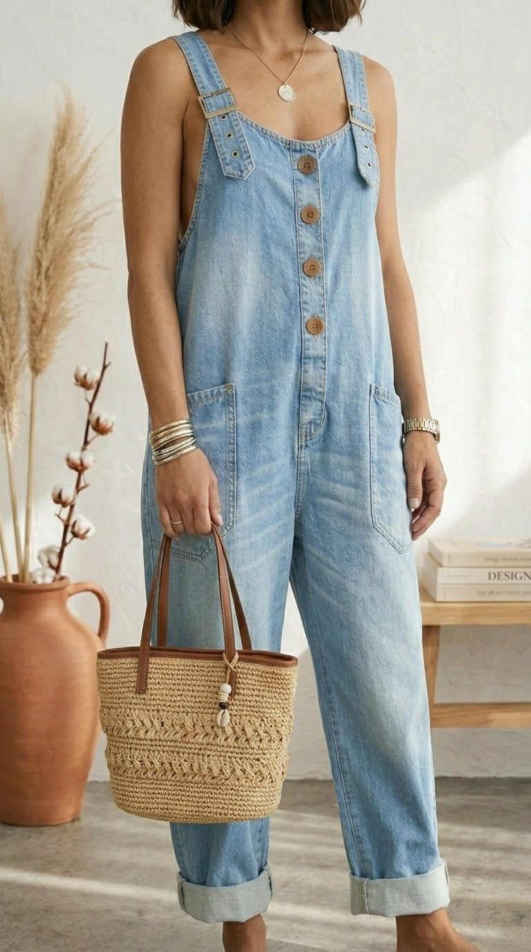 Maria Douro - Macacão de Denim com Tirantes Ajustáveis