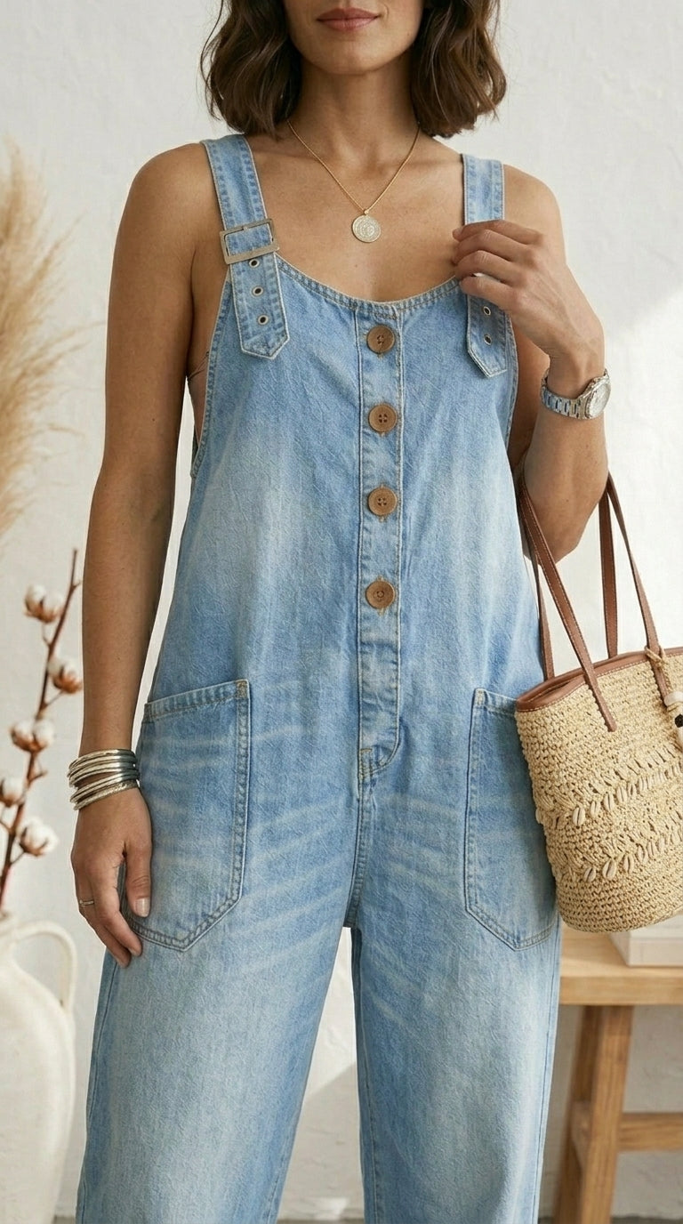 Maria Douro - Macacão de Denim com Tirantes Ajustáveis