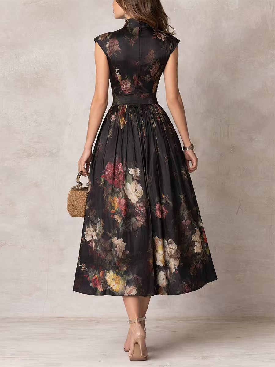 Elsa - Vestido midi plissado com padrão floral