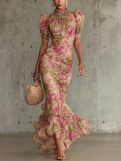 Lara - Vestido longo ajustado com padrão floral