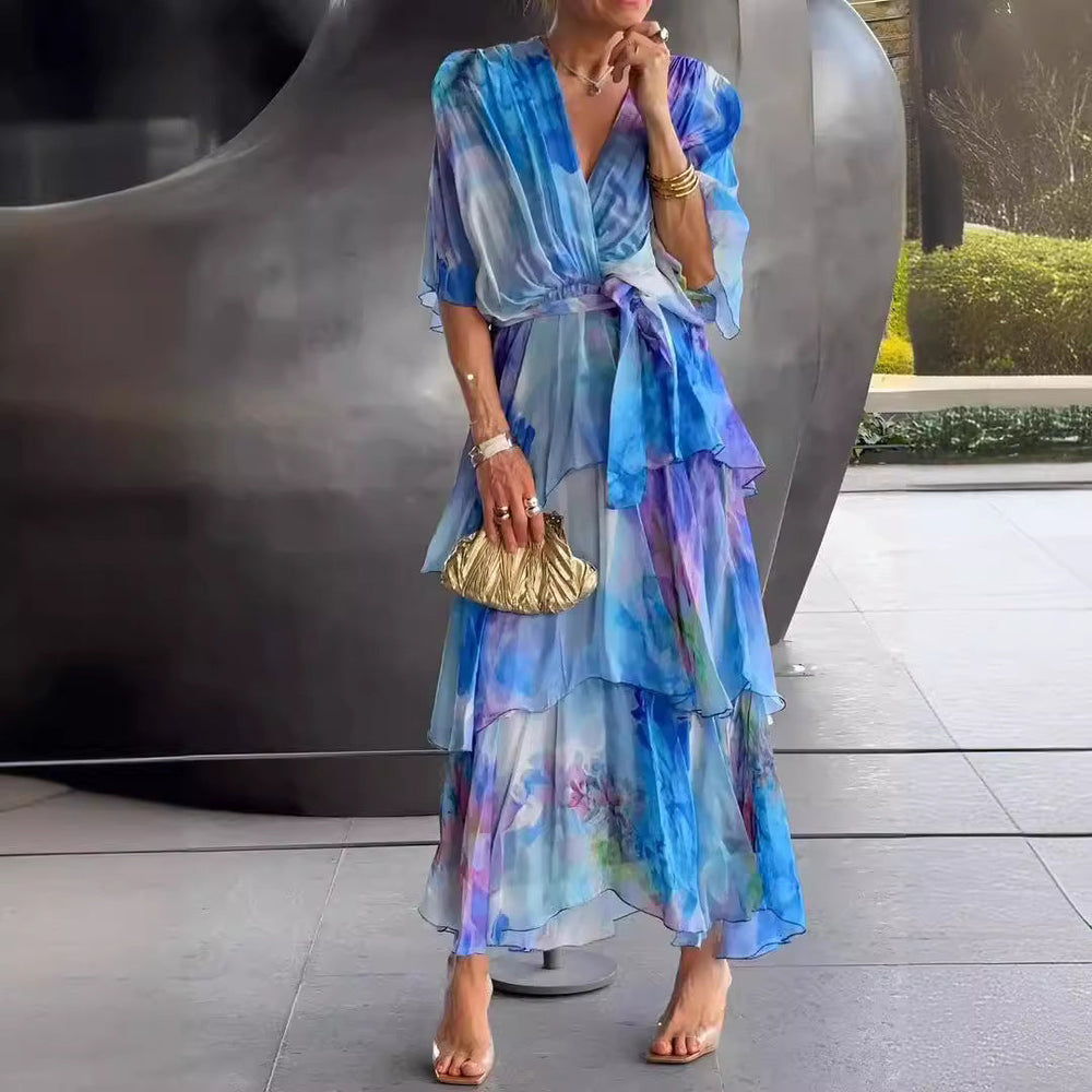 Camila | Vestido Midi em Camadas Estilo Aguarela