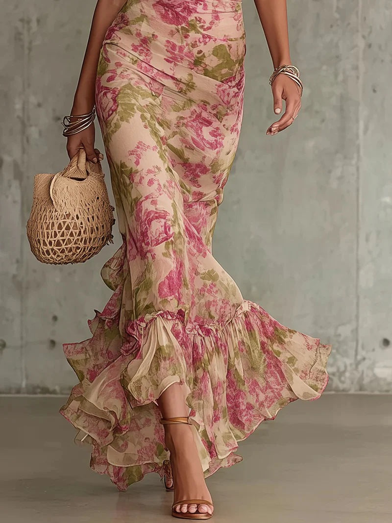 Lara - Vestido longo ajustado com padrão floral