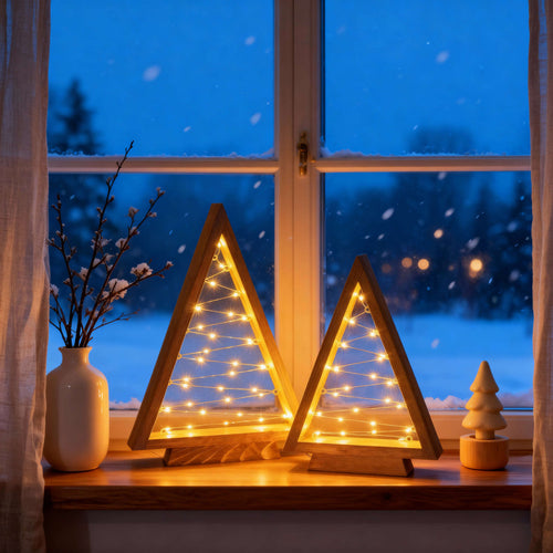 Árvores Triangulares de Madeira com Luzes
